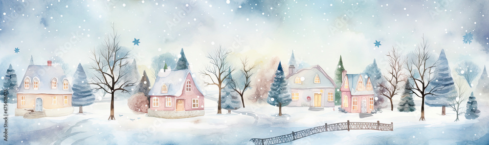 Cozy Winter Town in Watercolor .