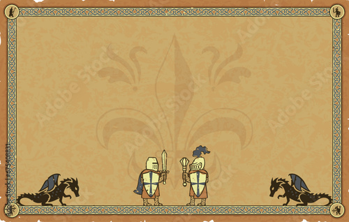 Medieval Parchment with Knights, Dragons, Fleur de Lys