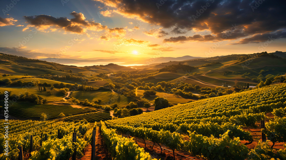 Sunset over rolling vineyards, Wine country, Rows of grapevines bathed in warm light - obrazy, fototapety, plakaty 