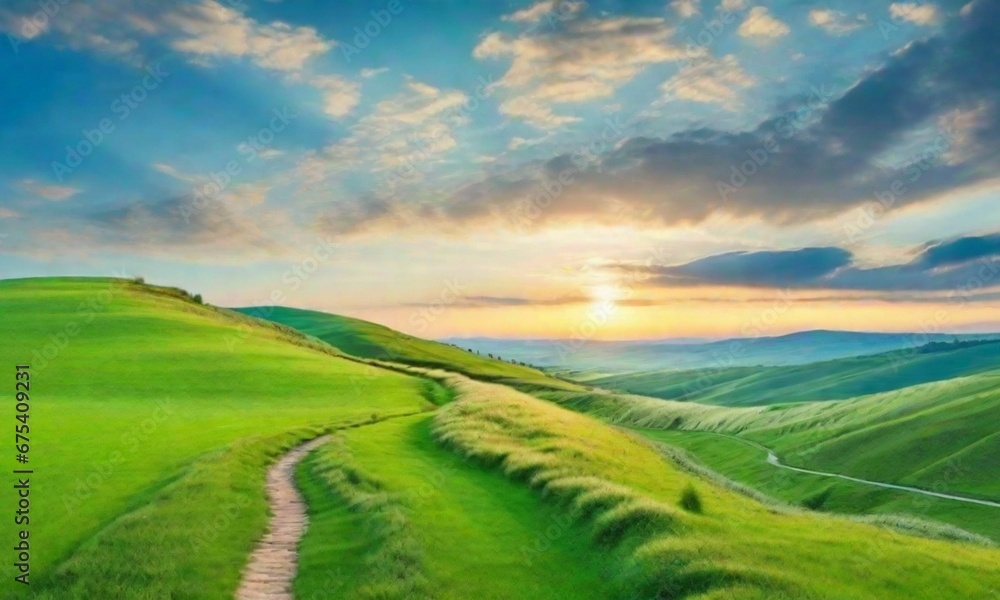 Picturesque winding path through green grassy field in mountainous area in the morning against blue sky with clouds. Summer landscape.