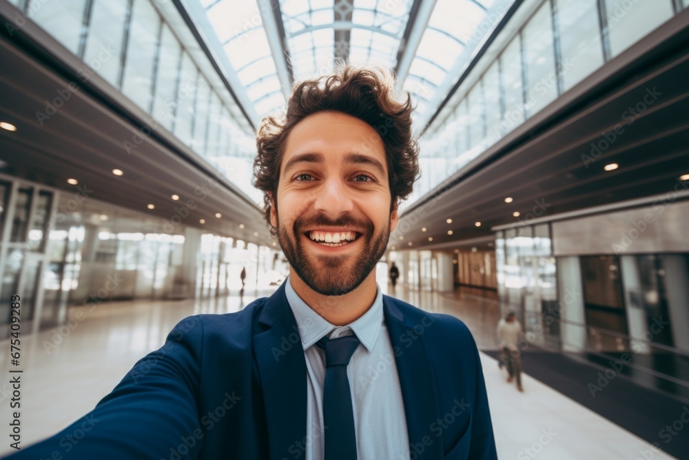 happy man takes a selfie on a smartphone against the background of a house happy man takes a selfie on a smartphone against the background of a house