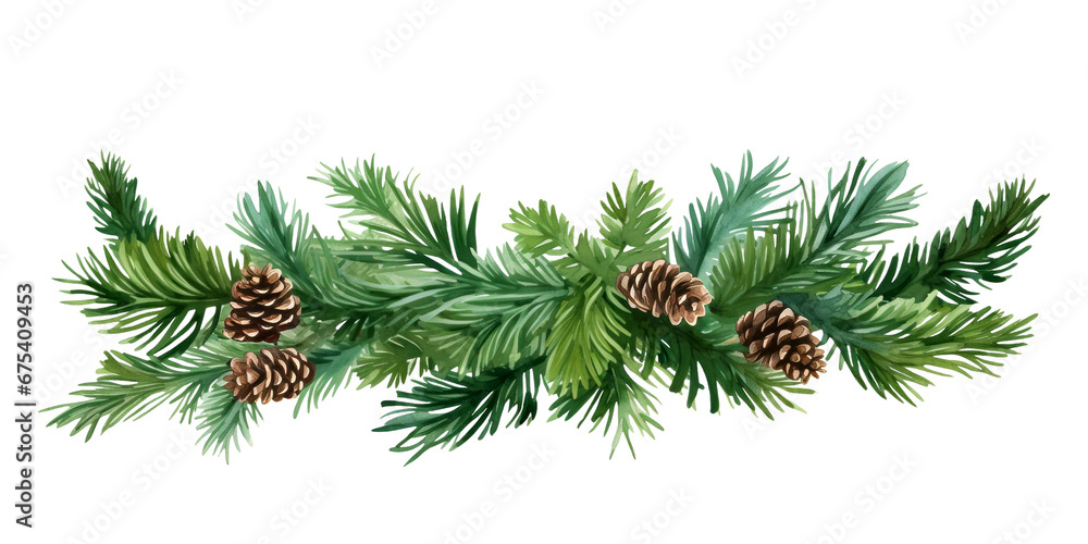 PNG Christmas banner. Pine tree branches garland on transparent background - obrazy, fototapety, plakaty 
