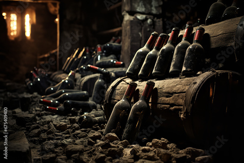  A row of wine bottles covered in dust sit in a cellar, waiting to be discovered and enjoyed