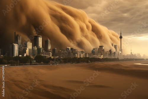  A panoramic view of a city skyline as a dust storm approaches, casting a yellowish hue and creating an apocalyptic scene