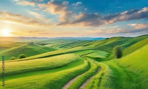 winding path through a green hilly field in the morningblue sky with sun. Spring summer blurred background.