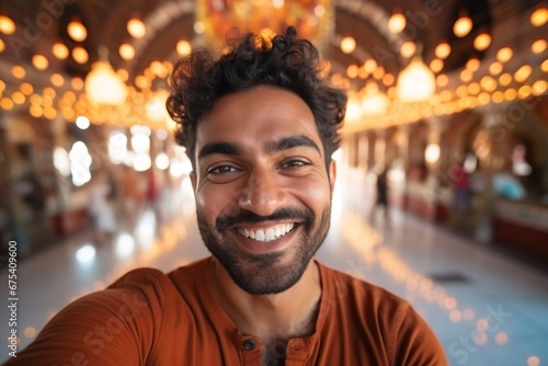 happy indian man takes a selfie on a smartphone against the background of a house