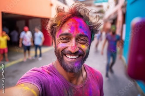 happy colorful indian man takes a selfie on a smartphone against the background of a house