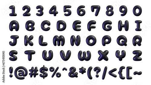 A set of letters  numbers and symbols in 3D style. Illustration of symbols in black on a white isolated background.
