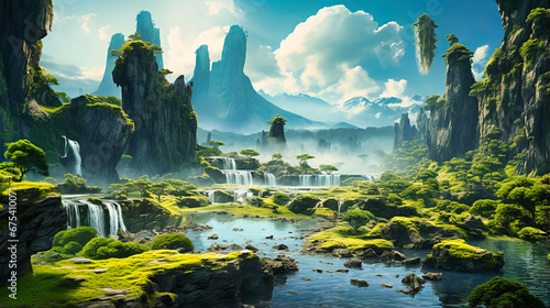 Whimsical floating islands, Fantasy landscape, Cascading waterfalls and verdant meadows,
