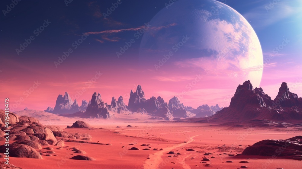 Pink desert landscape with moon.Generative AI