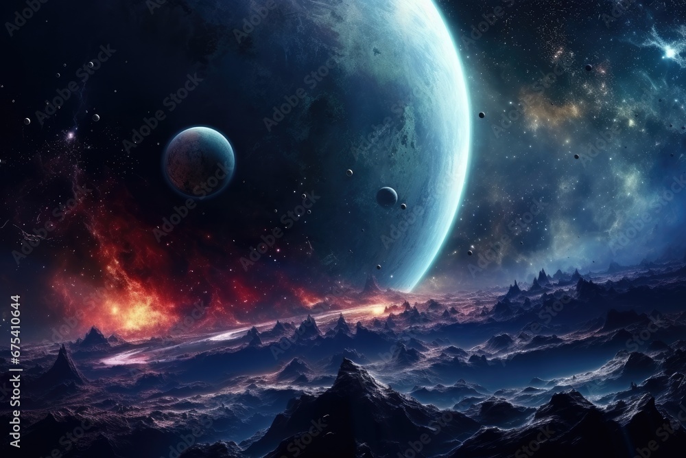 Fantasy alien planet in deep space. Elements of this image furnished by NASA, Planets and galaxy, science fiction wallpaper. Beauty of deep space, AI Generated
