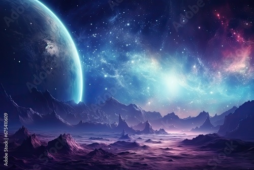 Fantasy alien planet. Mountain and nebula. 3D illustration, Planets and galaxy, science fiction wallpaper. Beauty of deep space, AI Generated