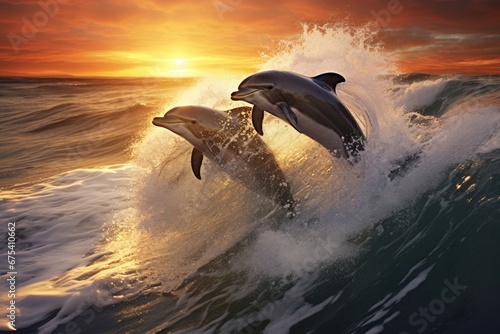 Dolphins jumping out of the ocean at sunset. 3d rendering  Playful dolphins jumping over breaking waves  AI Generated