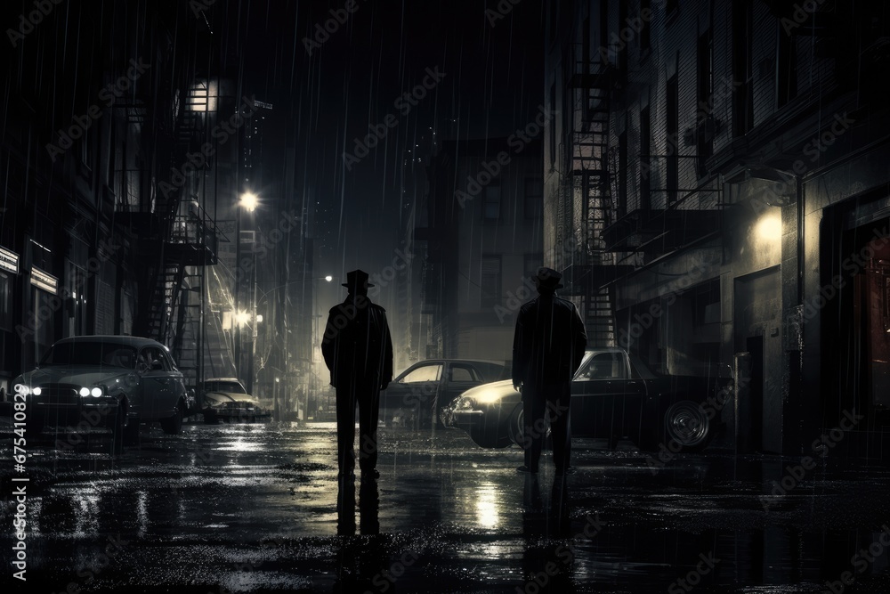 Silhouette of man in raincoat standing in the street at night, policemen standing on the street corner overlooking a crime scene, cops in the big city, noir novel or film style, AI Generated