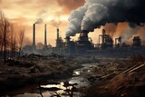 Factory polluting environment. Pollution of the atmosphere. Global warming, pollution of the planet and atmosphere with harmful emissions, AI Generated