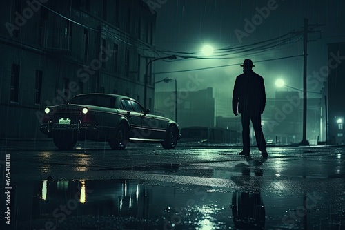 Man standing in the rain with a car on the street at night, policemen standing on the street corner overlooking a crime scene, cops in the big city, noir novel or film style, noir, AI Generated © Iftikhar alam