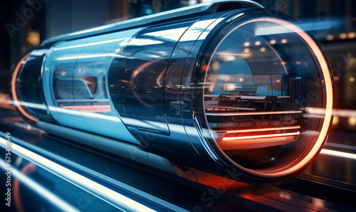 A futuristic train cabin levitates through a tunnel. A hyperloop capsule with a fully self-driving system. AI generated photo