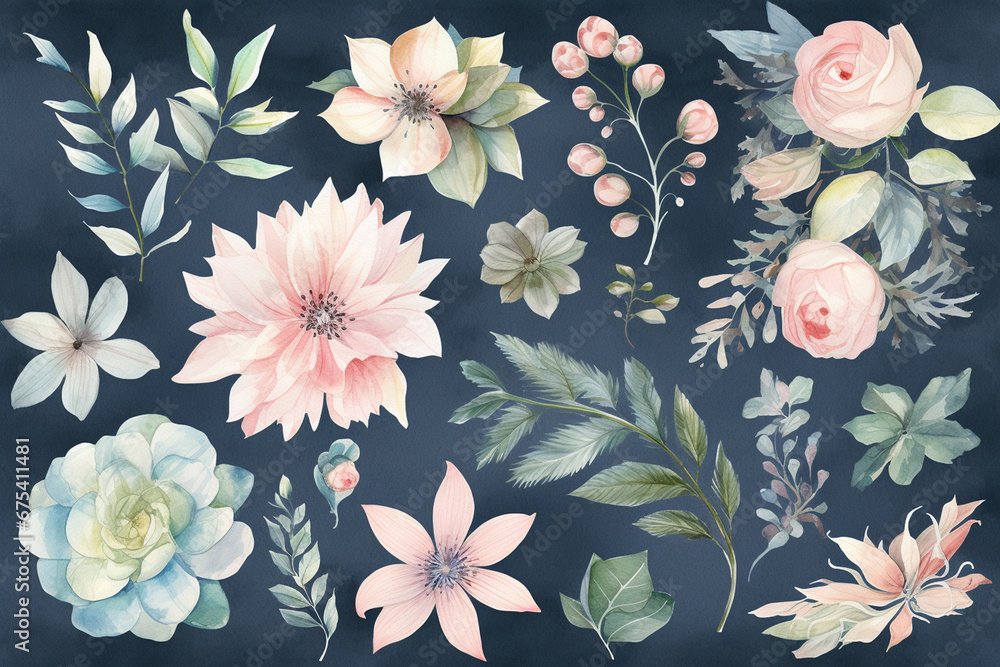 Watercolor lavender flowers set. Hand drawn illustration isolated on white background