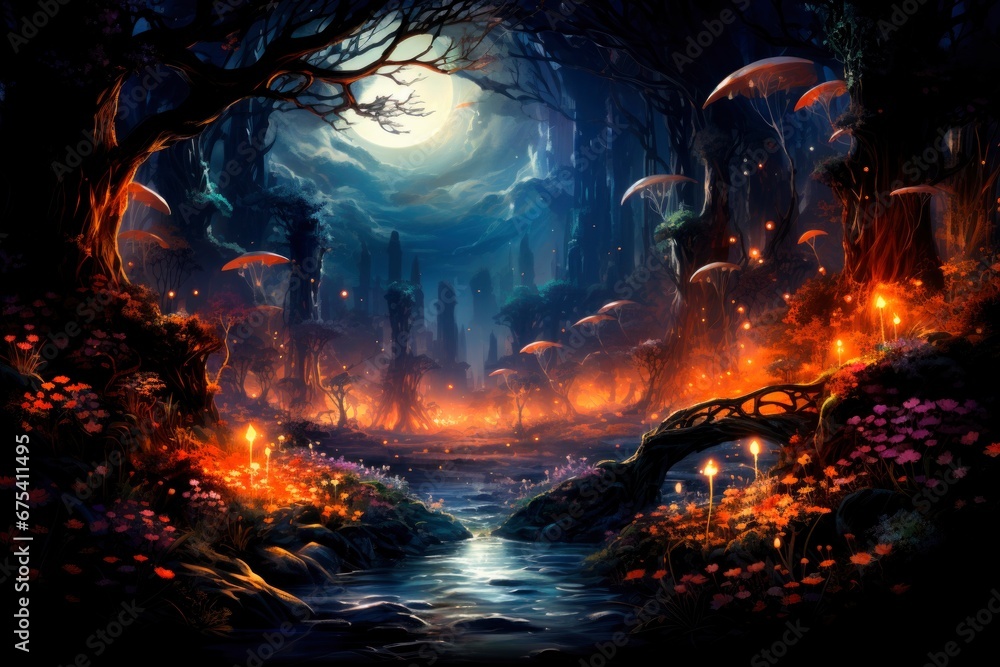 Enveloped in night's embrace, the forest melds reality with fantasy, unveiling a magic realm where green whispers sync with the gentle glow of firefly lights. Enveloped in night's embrace, the forest melds reality with fantasy, unveiling a magic realm where green whispers sync with the gentle glow of firefly lights.