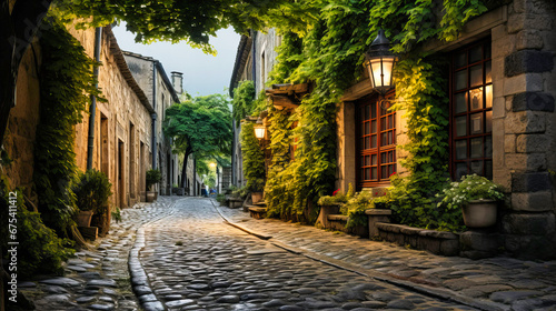 Quaint cobblestone alley, Old town charm, Stone walls with climbing ivy and lanterns