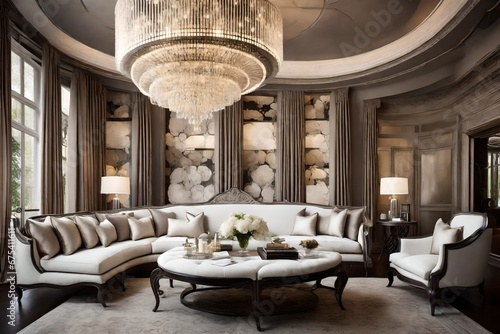 An elegant, monochromatic lounge with a stunning chandelier as the centerpiece. 
