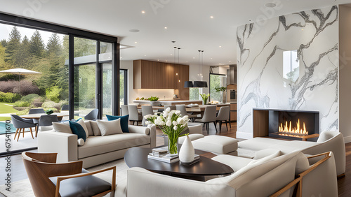 contemporary living room with open concept view through to dining room kitchen and a marble fireplace with gas fire