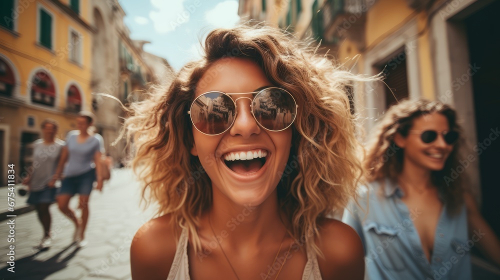 Smiling cheerful travel vlogger influencer streaming online lives to his followers during his journey travel in beautiful urban downtown travel destination travel ideas concept