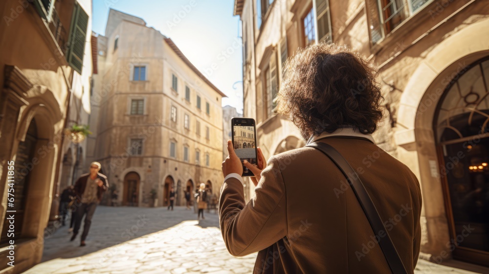 Obraz premium Smiling cheerful travel vlogger influencer streaming online lives to his followers during his journey travel in beautiful urban downtown travel destination travel ideas concept