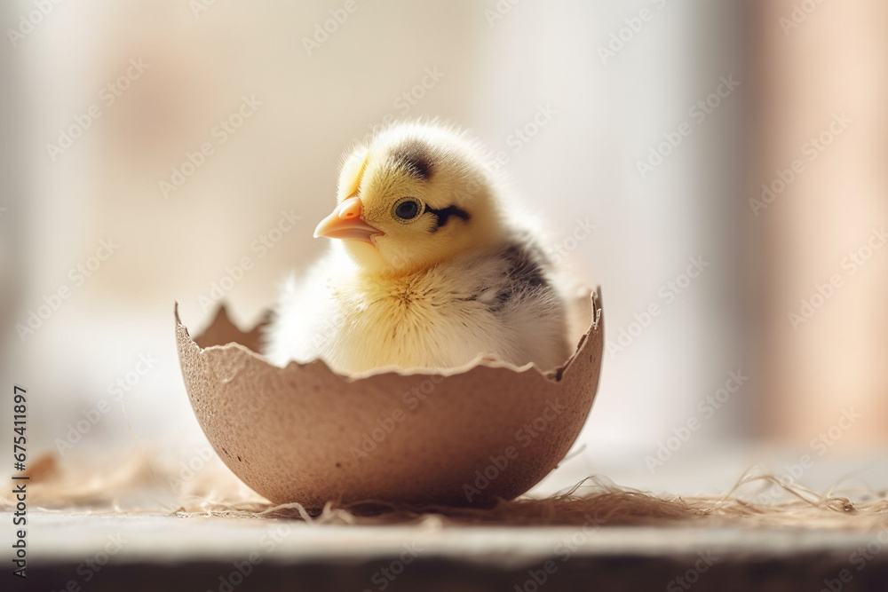 Cute little yellow chickens in eggshell on table, closeup