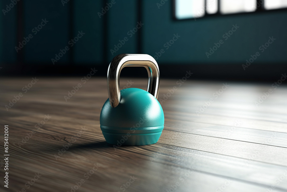 Blue kettlebell on a wooden floor in a gym. 3d rendering