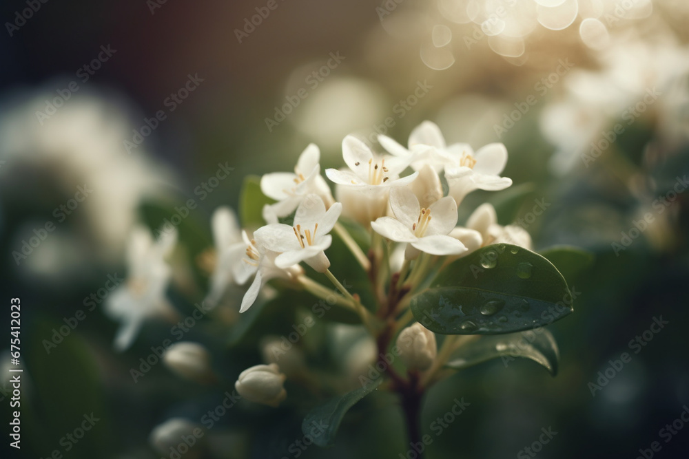 Beautiful white flowers in the garden in the sunlight. Selective focus.