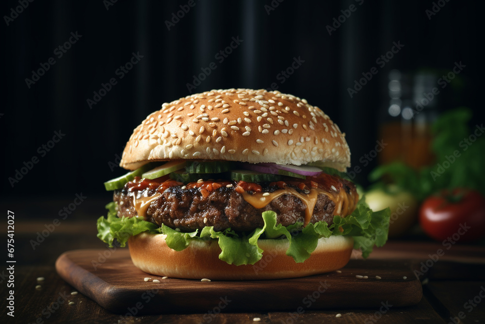 Big hamburger with fresh vegetables on wooden table. Toned image
