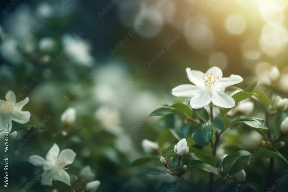 Beautiful white flowers in the garden in the sunlight. Selective focus.