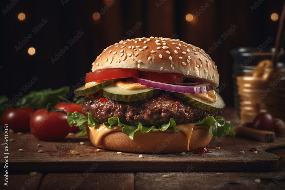 Big hamburger with fresh vegetables on wooden table. Toned image