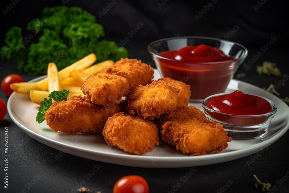 Deep fried chicken nuggets served with ketchup and mayonnaise