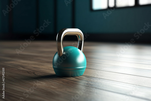 Obraz na płótnie Blue kettlebell on a wooden floor in a gym. 3d rendering w salonie