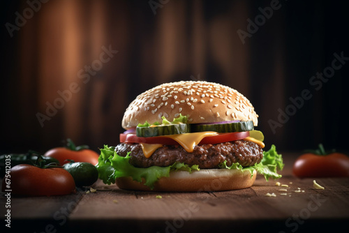 Big hamburger with fresh vegetables on wooden table. Toned image