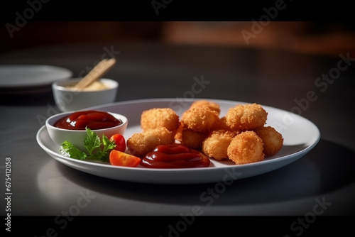 Deep fried chicken nuggets served with ketchup and mayonnaise