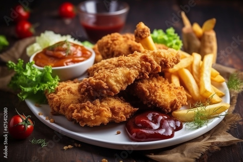 Obraz na płótnie Deep fried chicken nuggets served with ketchup and mayonnaise w salonie