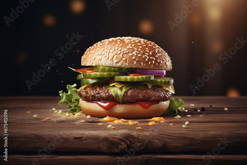 Big hamburger with fresh vegetables on wooden table. Toned image