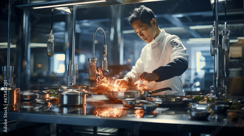 Generative ai asian chef cooking in a busy restaurant kitchen