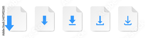 Set of download buttons. Blue arrows pointed down. Download file icon.