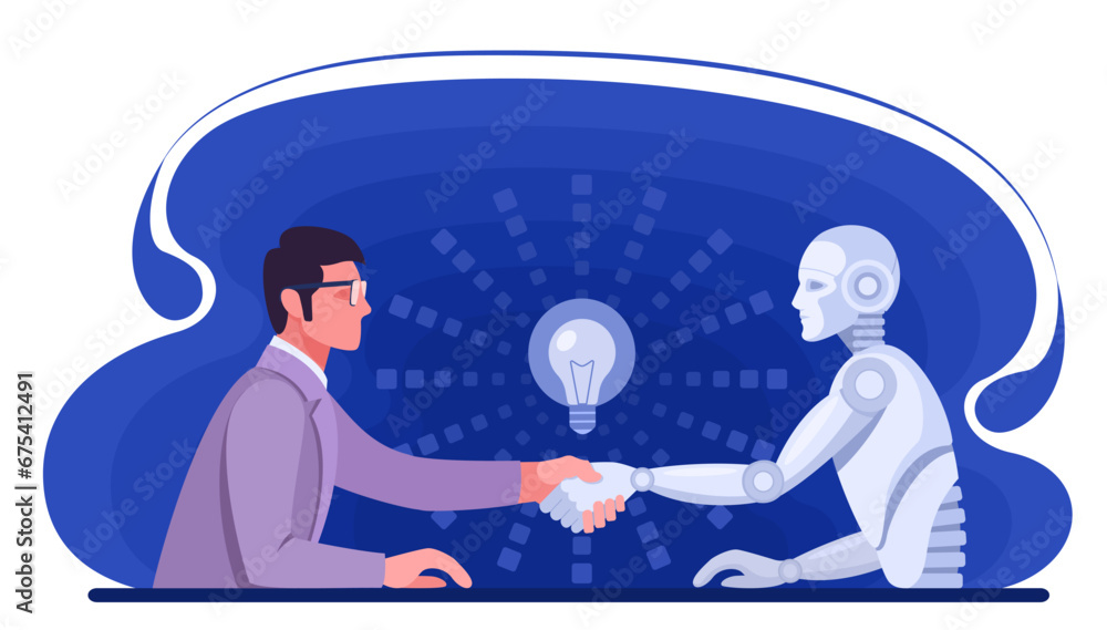 Handshake. A robot and a human shake hands near a lamp. Concept idea ...