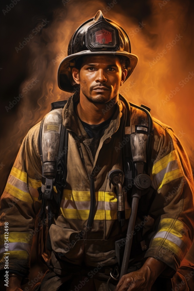 Illustration of a handsome afro ethnic black firefighter. Flaming fire background. Illustration of a handsome afro ethnic black firefighter. Flaming fire background.