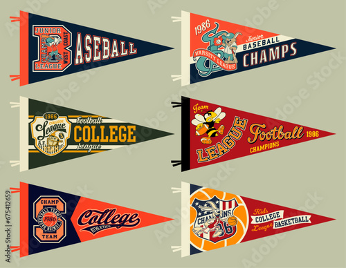 Cute mascot character college athletic department basketball American football  baseball elements vintage pennant flags vector collection for children t shirt print or embroidery applique