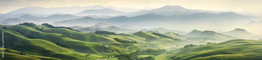 Outdoor banner landscape surrounded by hills, done in light green and light amber colors, softly organic, dreamy and romantic. In the style of historical romanticism, soft focus technique