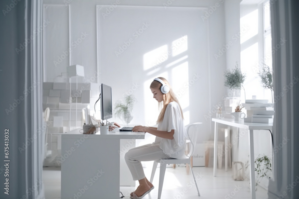 A young girl sits at a computer with headphones. Interior white A young girl sits at a computer with headphones. Interior white