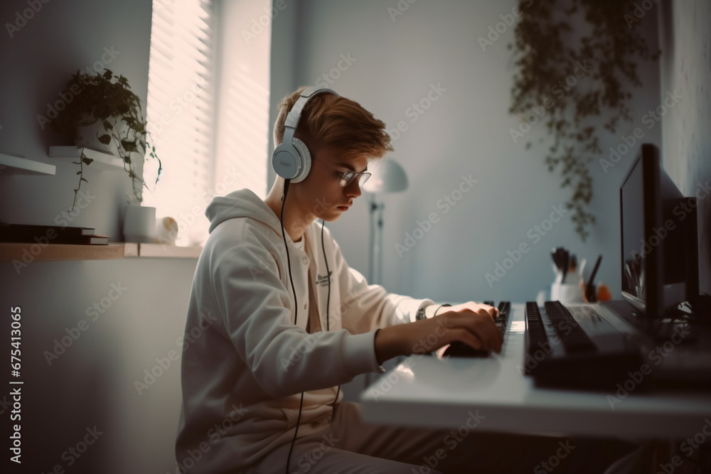 Young guy at a computer in a white interior Young guy at a computer in a white interior