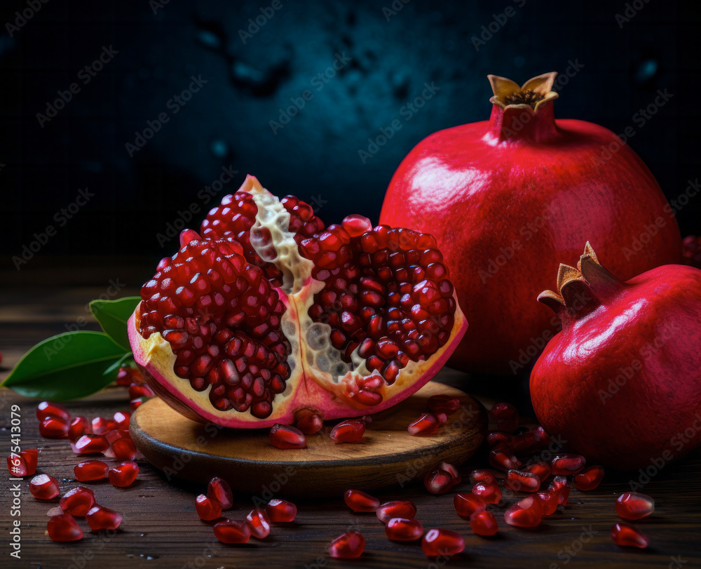 Juicy and ripe red pomegranate and green leaves on a dark background, stylised with a dark burgundy combination of natural elements. Juicy and ripe red pomegranate and green leaves on a dark background, stylised with a dark burgundy combination of natural elements.