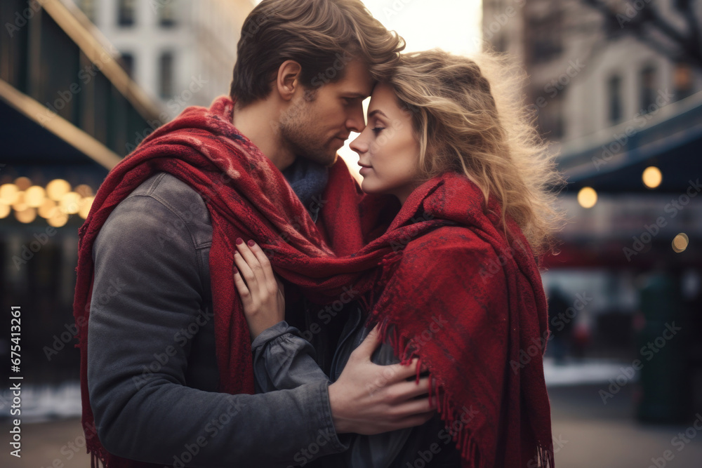 Couple sharing a scarf, with their close embrace